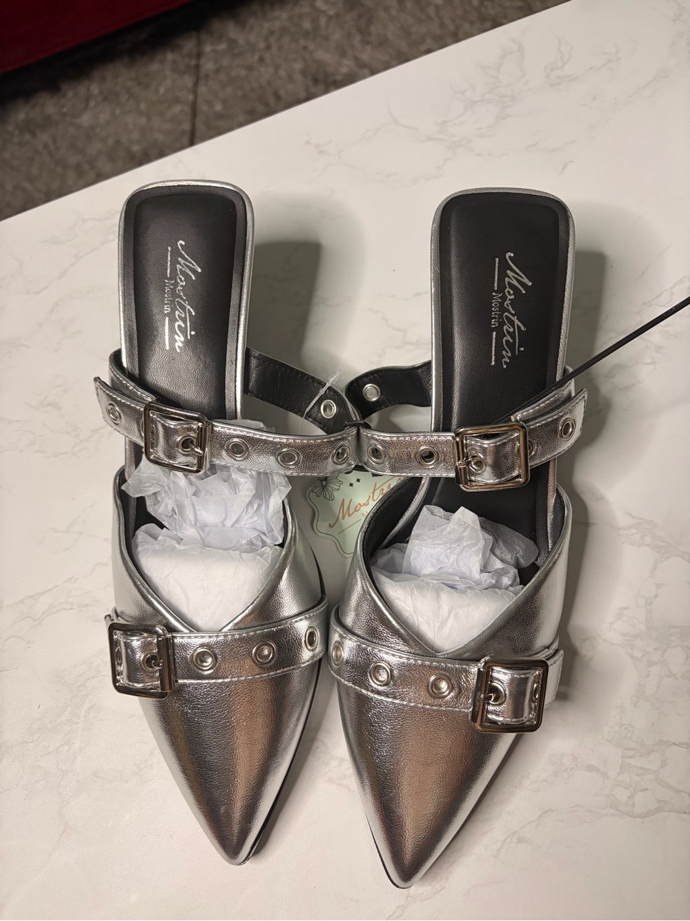 Metallic Silver Pointed Buckle Mules by MARINA
